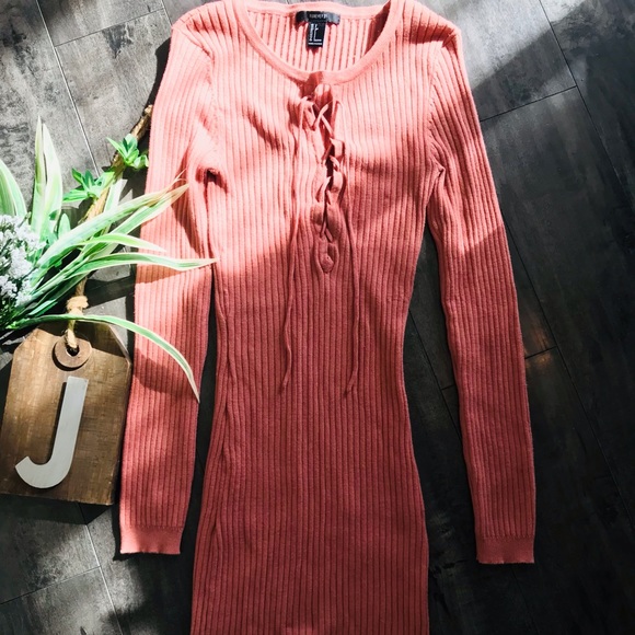 Forever 21 Dresses & Skirts - Forever 21 Pink Sweater Dress w/ Lace up Front Detail